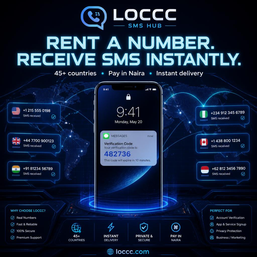 Loccc Hub square advert for renting temporary phone numbers to receive SMS codes